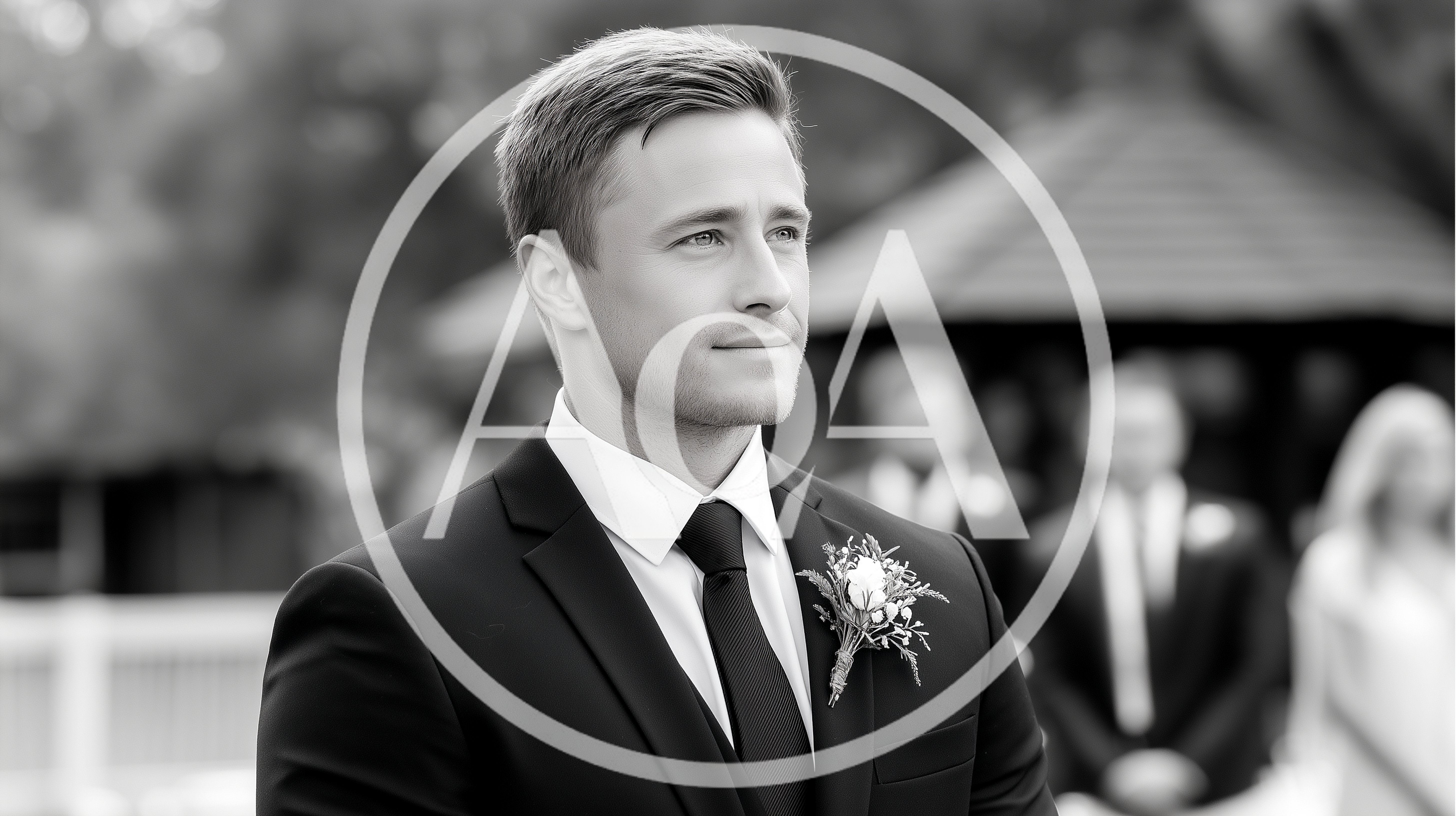 Groom Standing At Wedding Ceremony In Black Suit