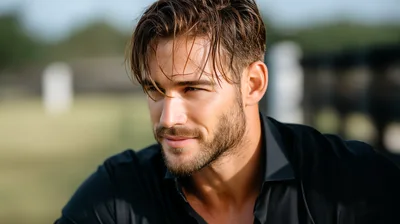 Handsome Man With Stubble Looking Away Outdoors