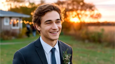 Young Man Smiling In A Suit At Sunset