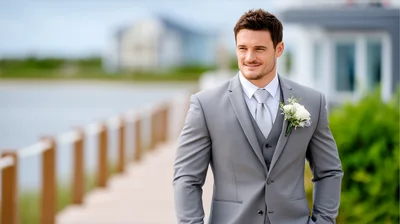 Handsome Groom In Grey Suit Standing On Wooden Pier