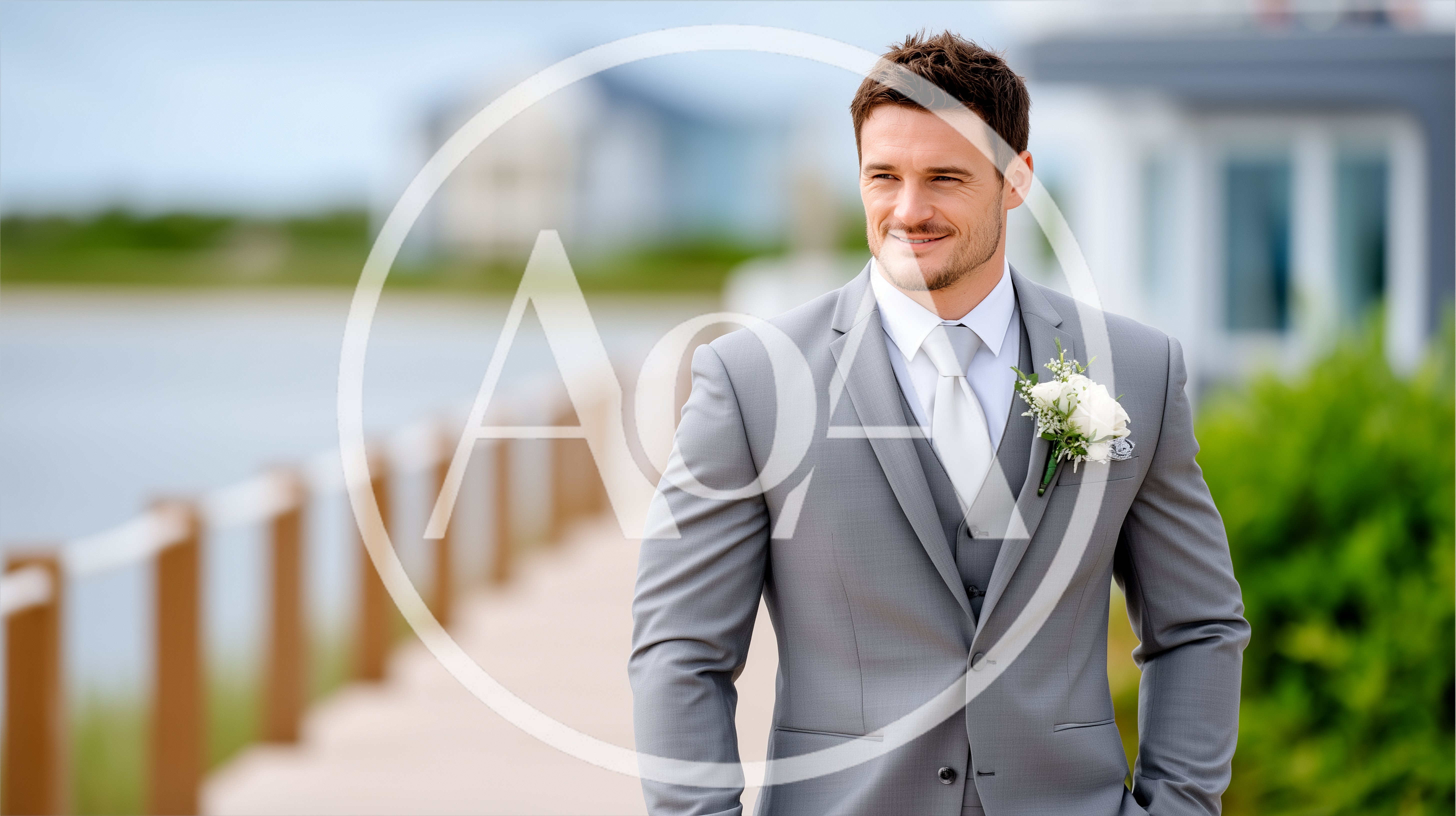 Handsome Groom In Grey Suit Standing On Wooden Pier