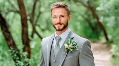 Handsome Groom In Grey Suit Standing In Forest
