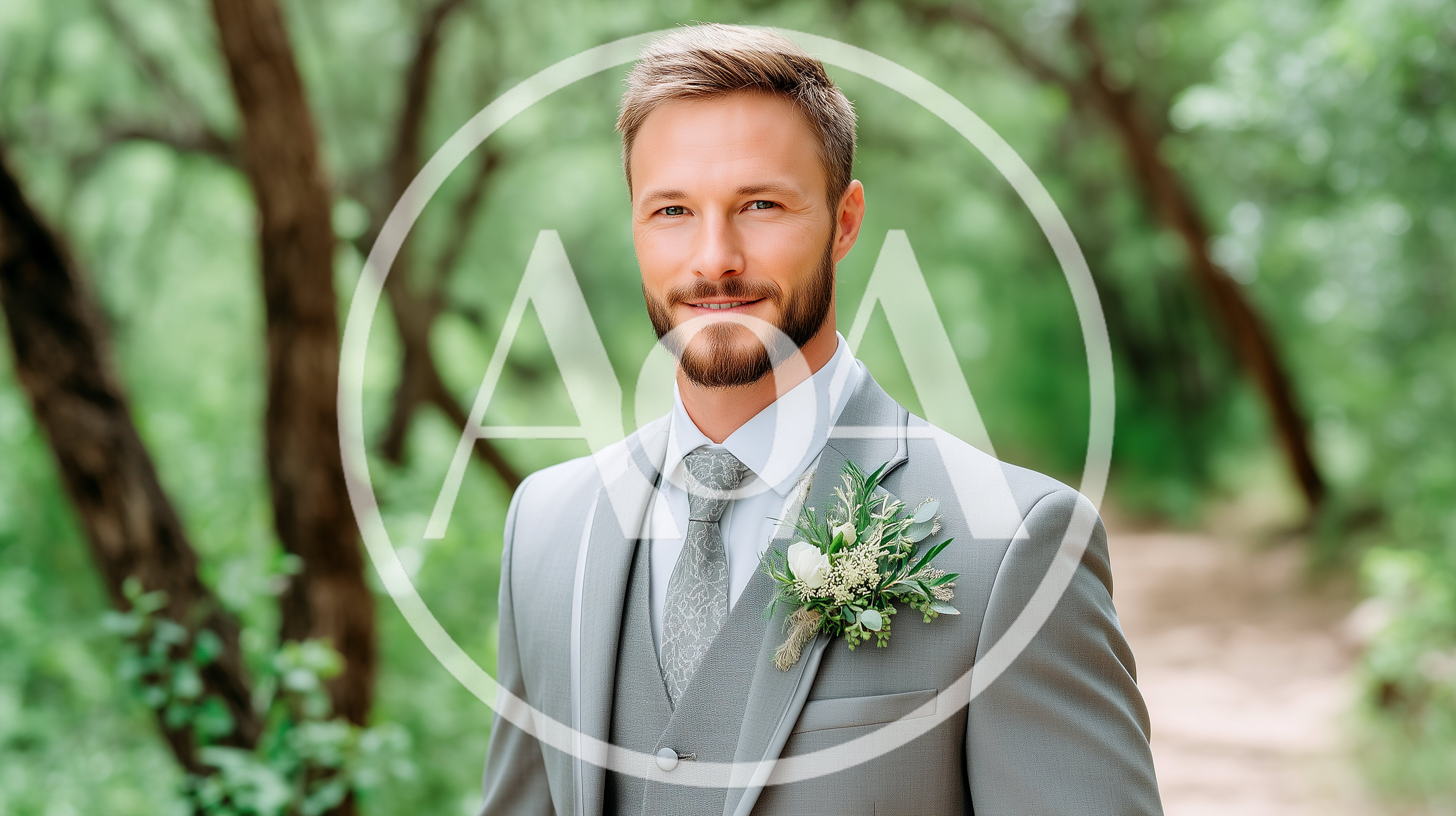 Handsome Groom In Grey Suit Standing In Forest