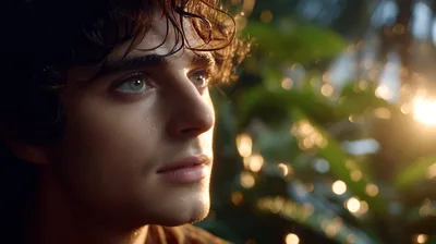 Young Man With Curly Hair Looking Into Golden Sunlight