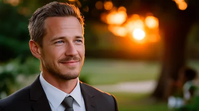 Handsome Man In Suit Smiling Outdoors At Sunset