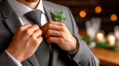Groom Adjusting His Tie Before Wedding Ceremony