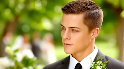 Handsome Young Groom Looking Away During Wedding Ceremony