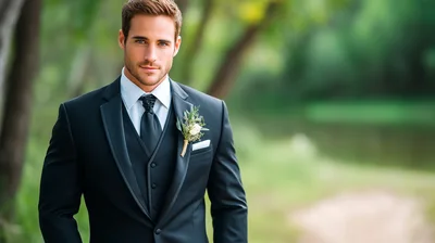 Handsome Groom Wearing Black Tuxedo In Nature Setting