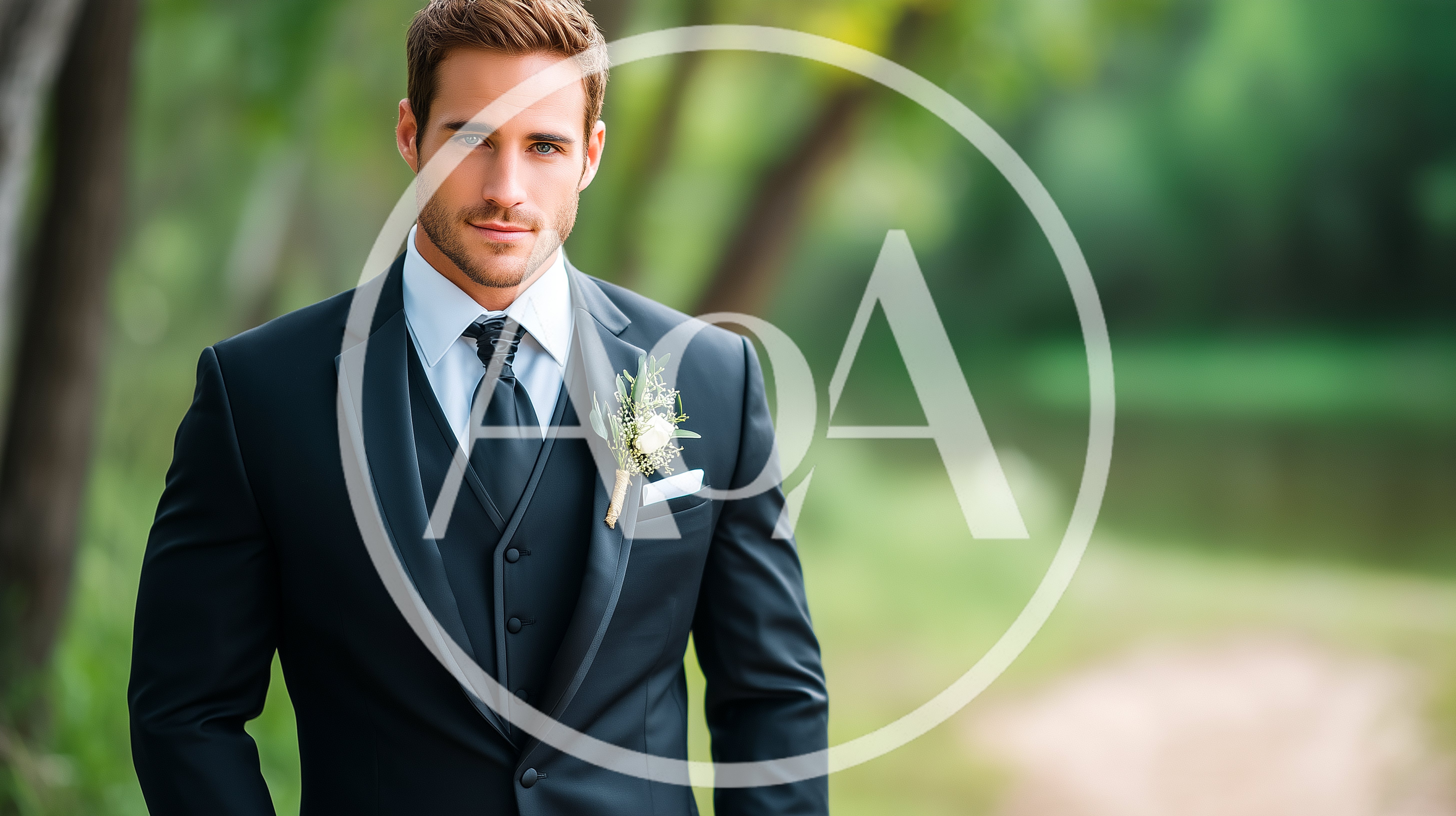 Handsome Groom Wearing Black Tuxedo In Nature Setting