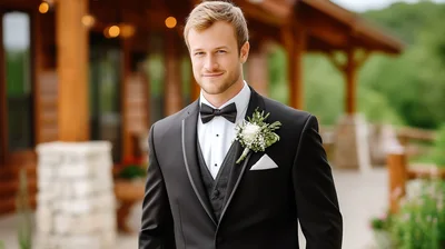 Handsome Groom Standing Outside A Rustic Wedding Venue