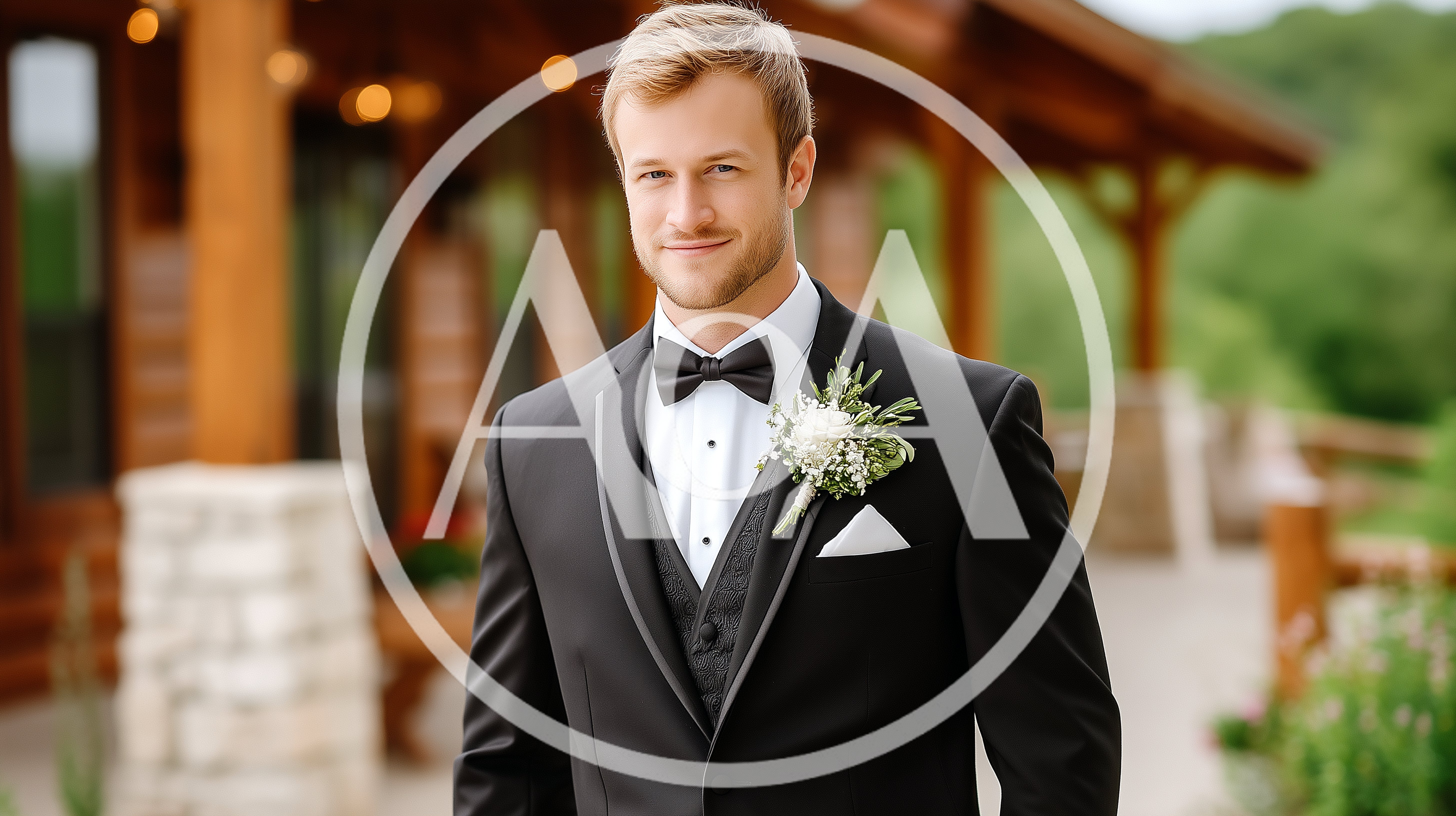 Handsome Groom Standing Outside A Rustic Wedding Venue