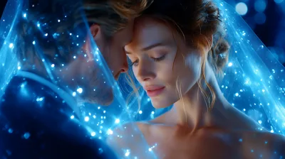 Romantic Couple Embracing Under Glowing Magical Veil