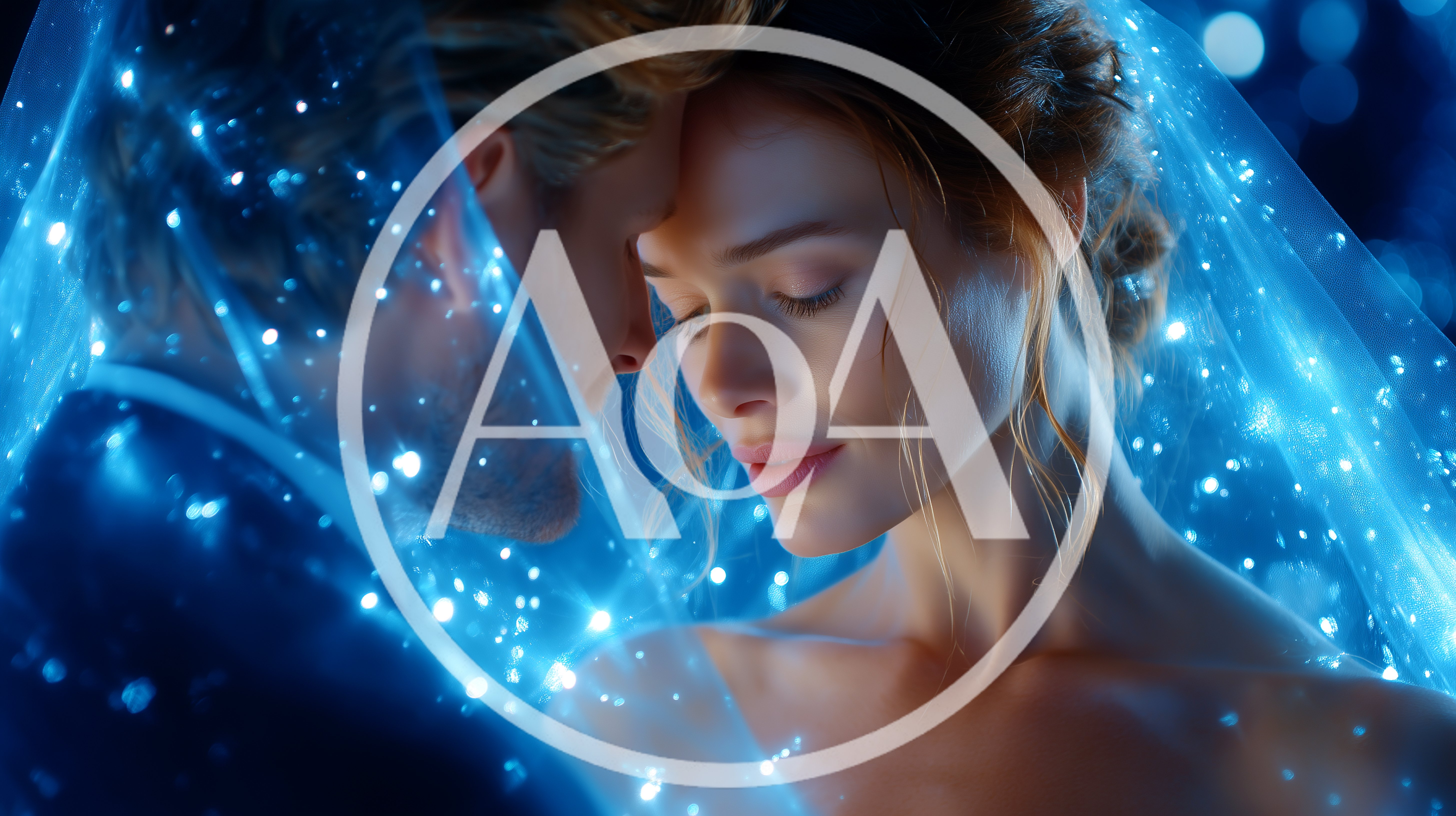 Romantic Couple Embracing Under Glowing Magical Veil