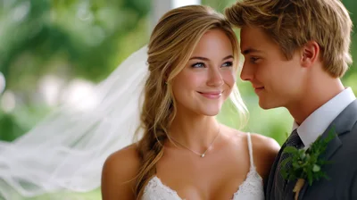 Young Bride And Groom Gazing Lovingly At Each Other