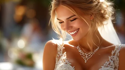 Radiant Bride Smiling In Elegant Wedding Dress