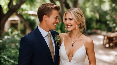 Happy Newlywed Couple Smiling At Each Other Outdoors