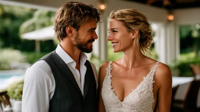 Happy Newlywed Couple Gazing Lovingly At Each Other
