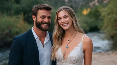 Happy Newlywed Couple Smiling Outdoors Near A River