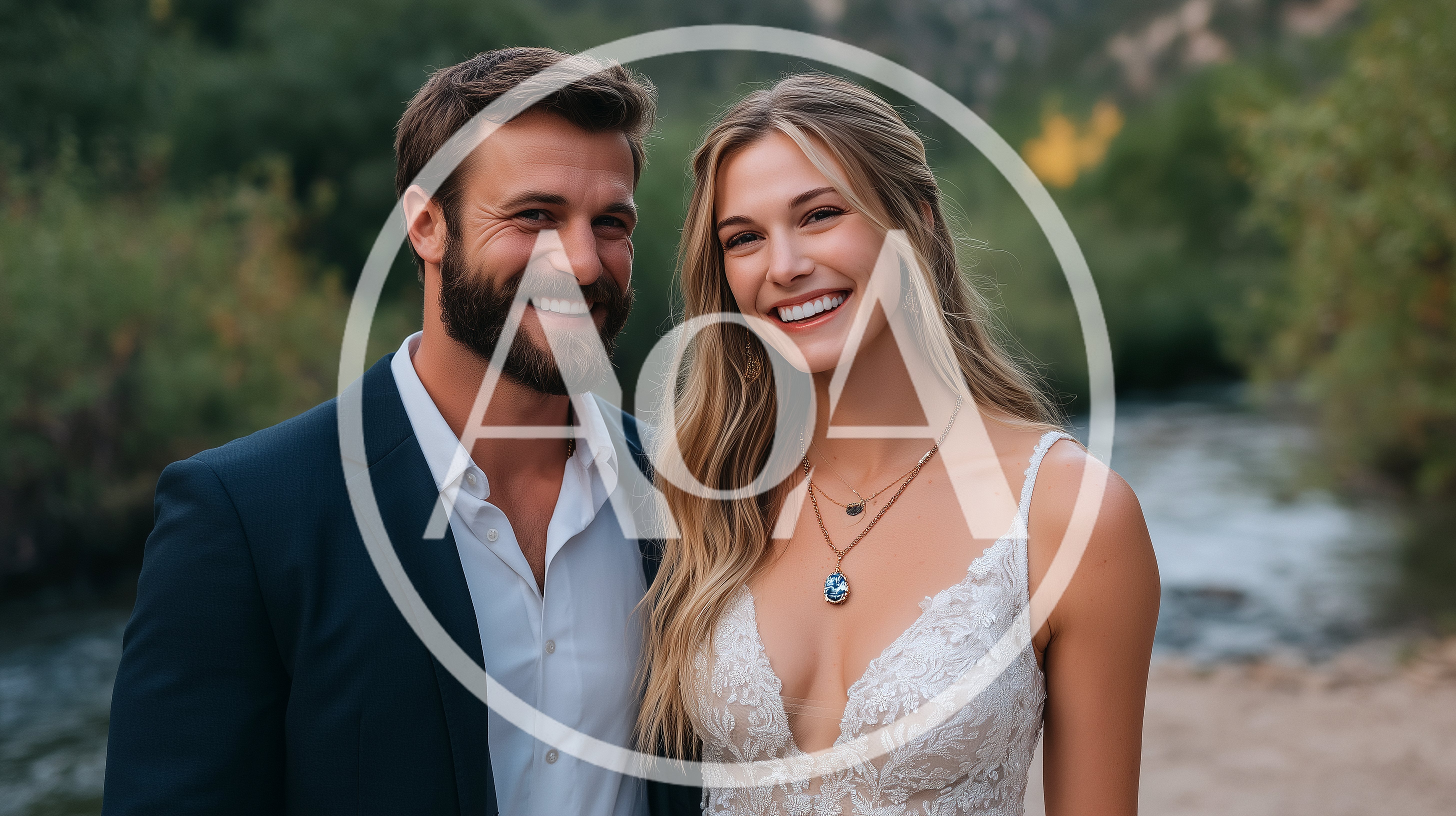 Happy Newlywed Couple Smiling Outdoors Near A River