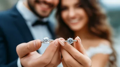 Newlywed Couple Holding Engagement Rings Close To Camera