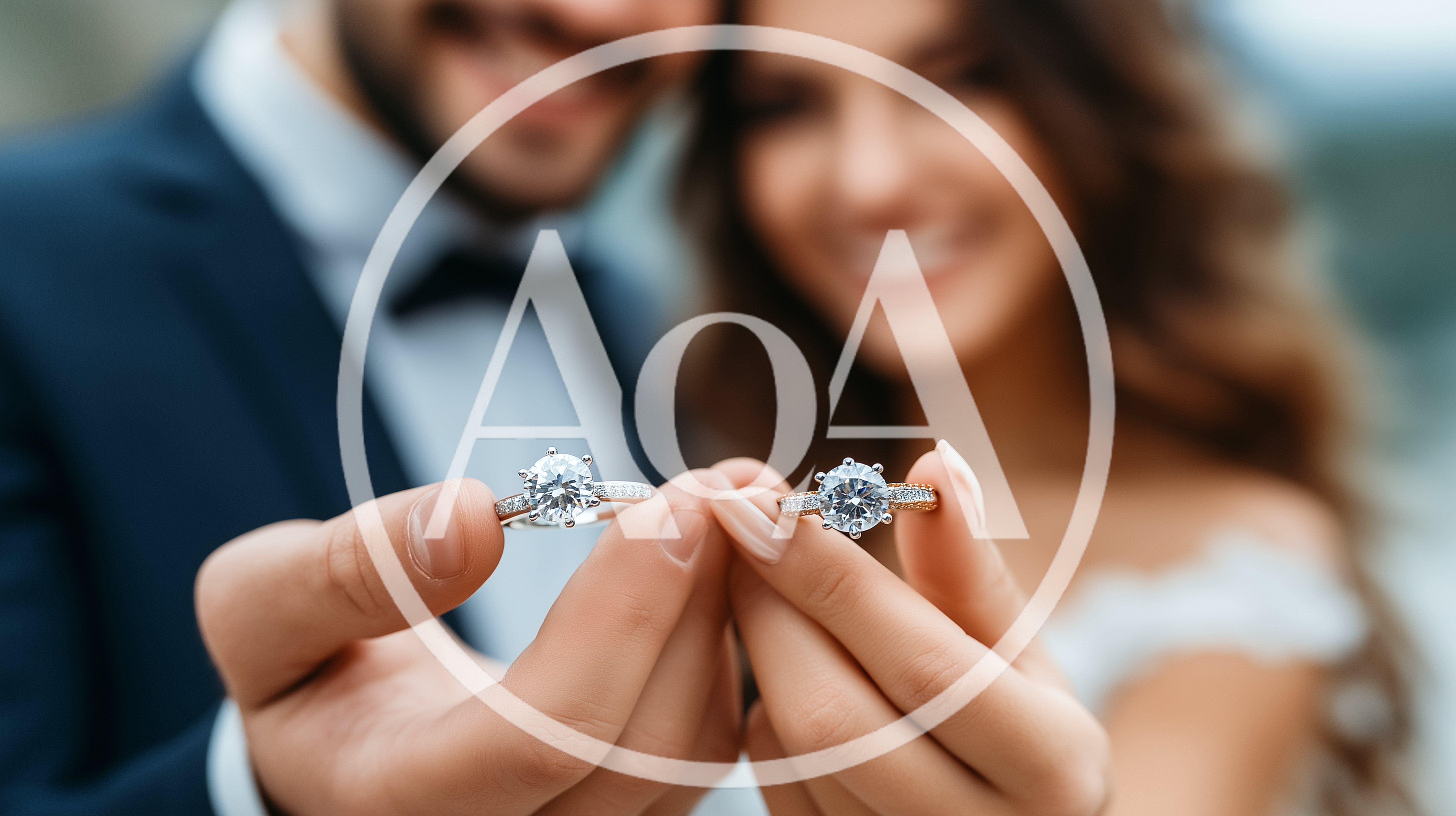 Newlywed Couple Holding Engagement Rings Close To Camera
