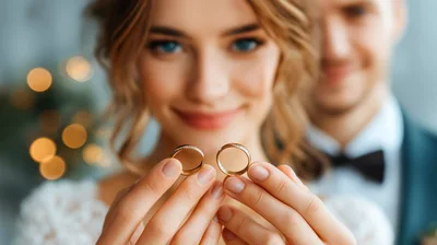Bride Holding Wedding Rings With Groom In Background