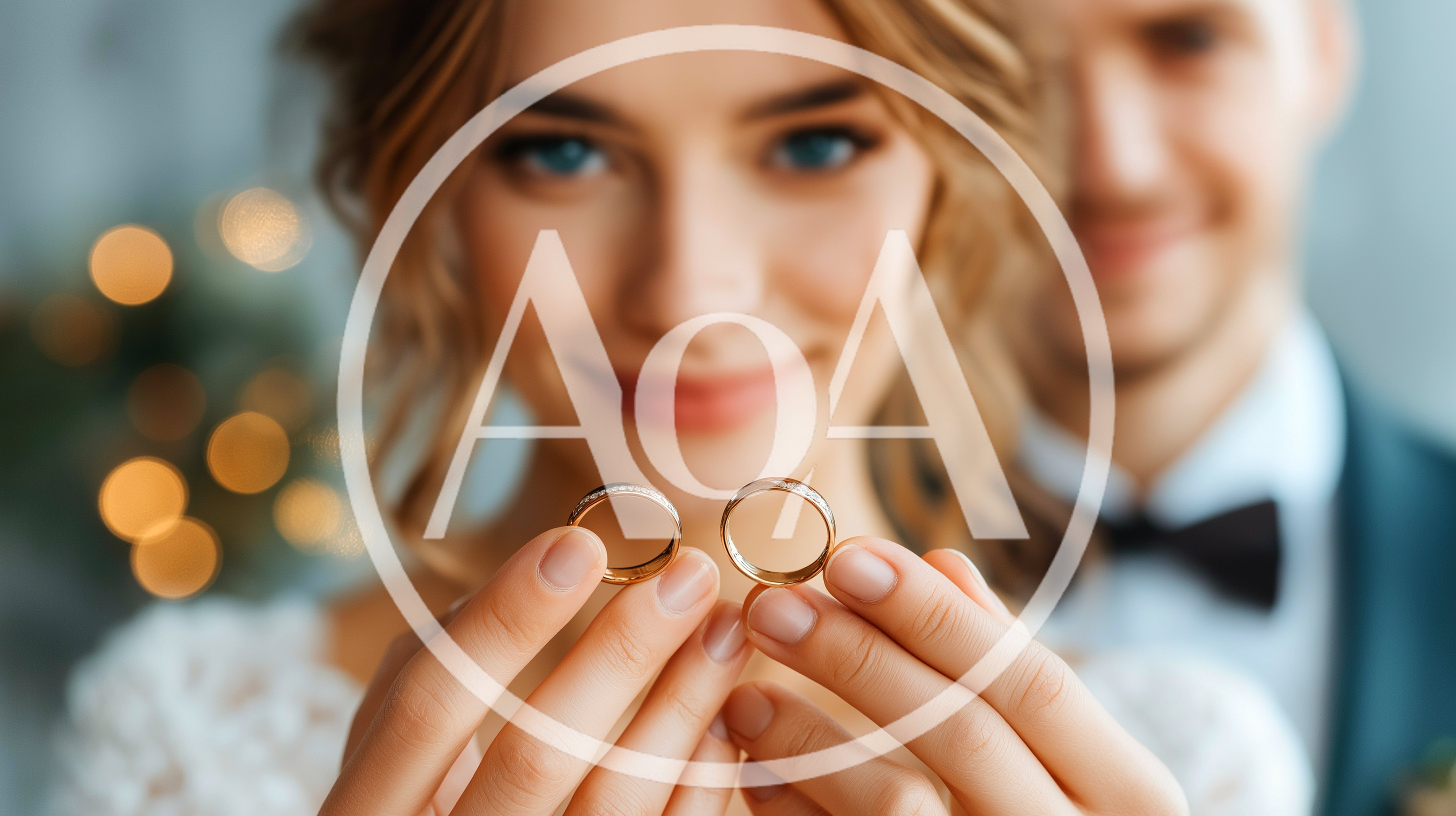 Bride Holding Wedding Rings With Groom In Background