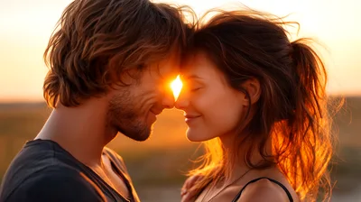 Romantic Couple Touching Foreheads During Golden Hour