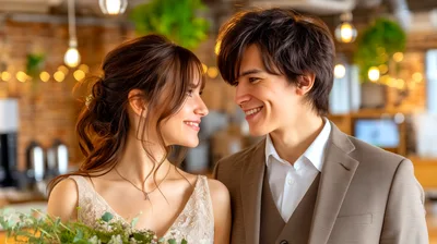 Happy Newlywed Couple Looking At Each Other