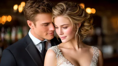 Romantic Newlywed Couple Embracing In A Dimly Lit Venue