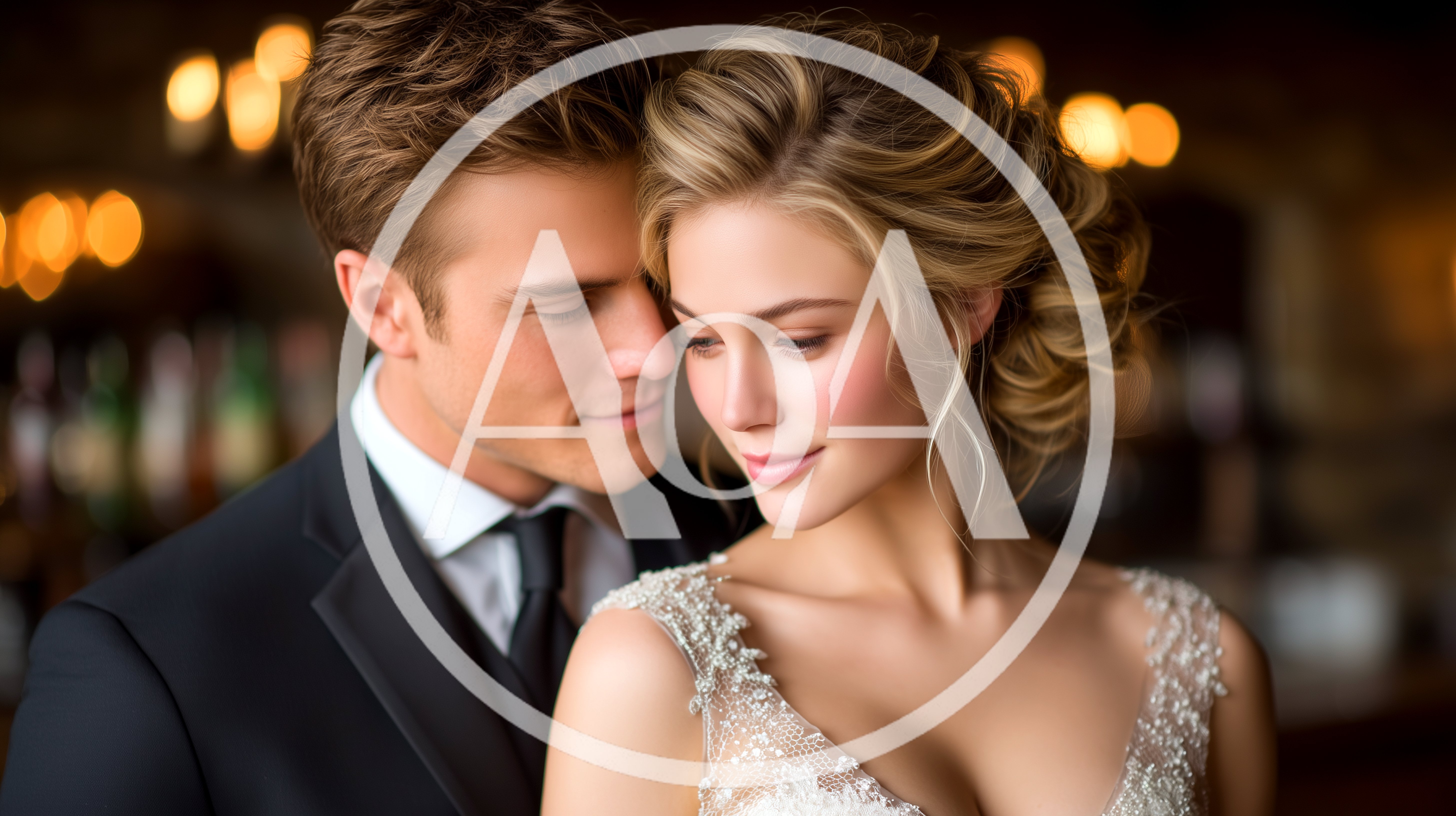 Romantic Newlywed Couple Embracing In A Dimly Lit Venue