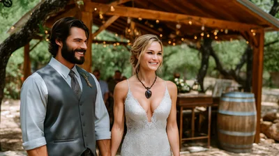 Happy Bride And Groom Standing At Outdoor Wedding Ceremony