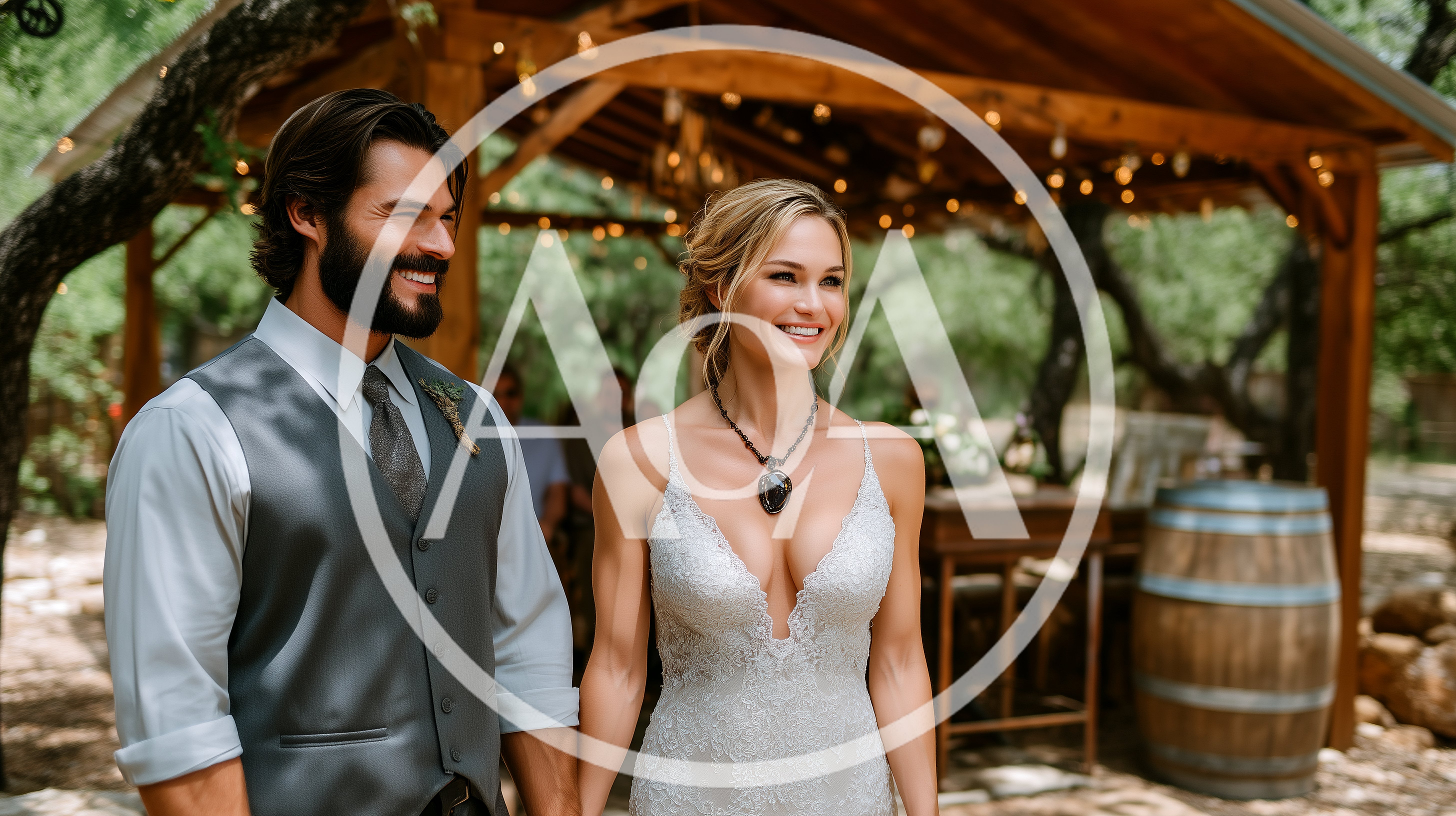 Happy Bride And Groom Standing At Outdoor Wedding Ceremony