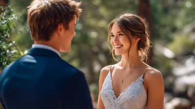 Bride And Groom Sharing A Romantic Moment Outdoors