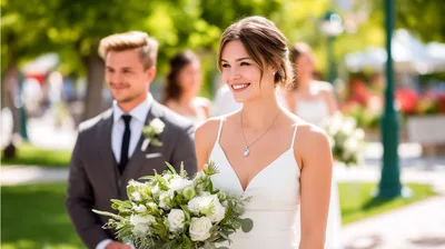 Beautiful Bride Walking Down The Aisle At Outdoor Wedding