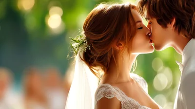 Newlywed Couple Sharing A Romantic Wedding Kiss