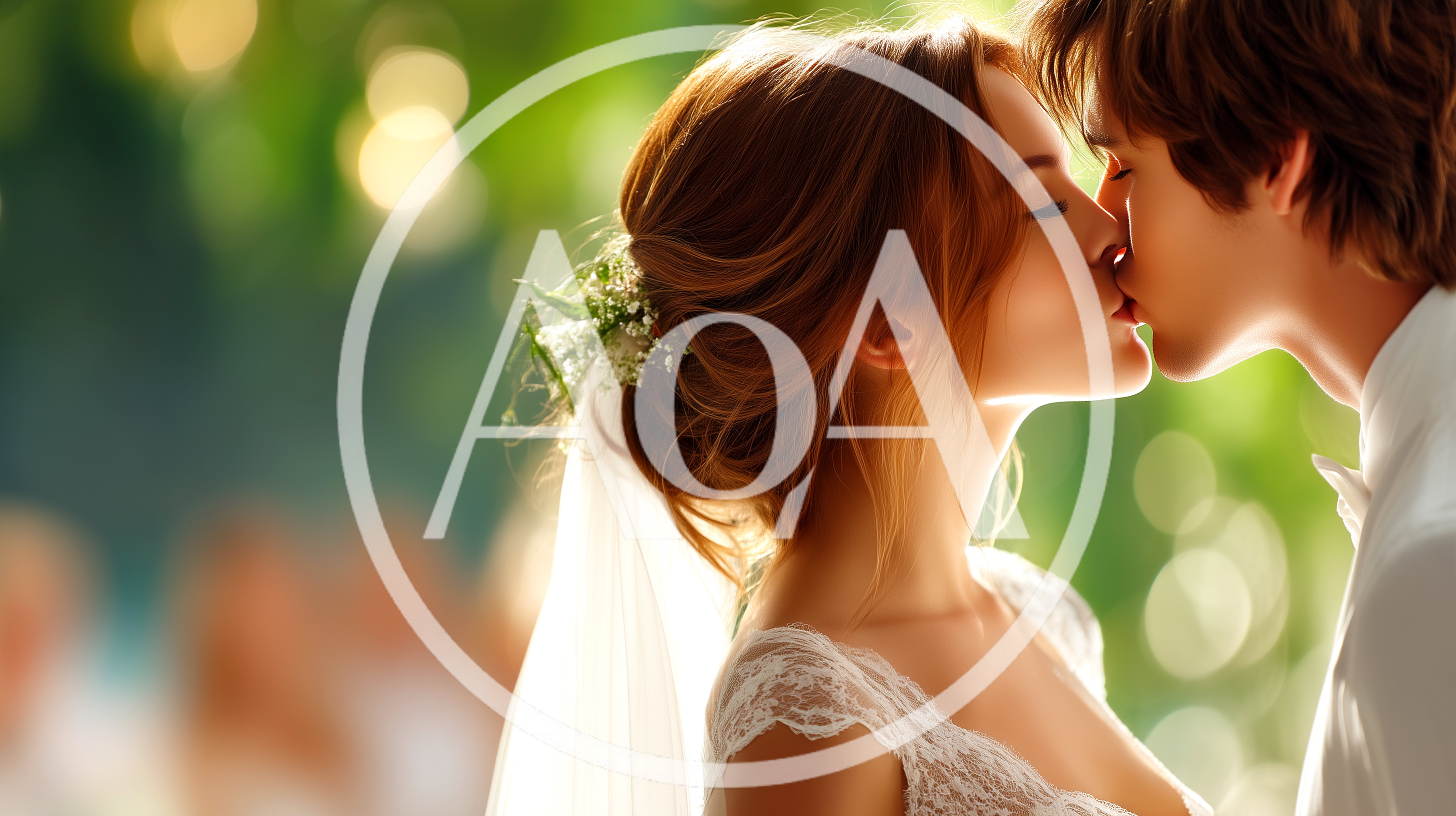 Newlywed Couple Sharing A Romantic Wedding Kiss