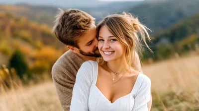Young Couple Embracing Outdoors in Autumn Field