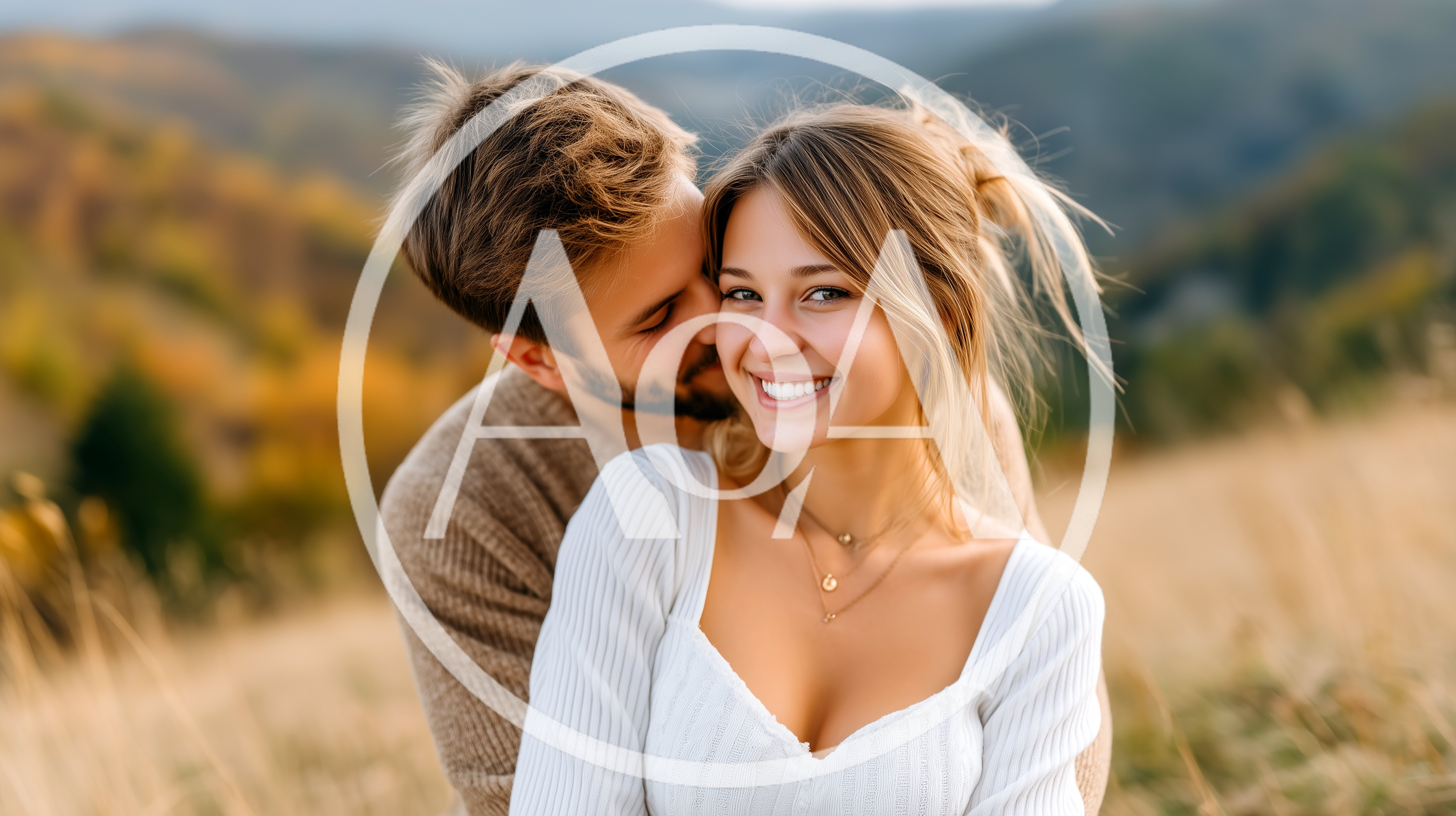 Young Couple Embracing Outdoors in Autumn Field