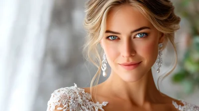 Portrait Of A Beautiful Blonde Bride In Wedding Dress