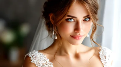 Beautiful Bride With Elegant Hairstyle And Lace Wedding Dress
