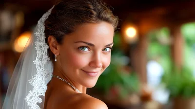 Beautiful Bride Smiling Over Shoulder In Wedding Veil