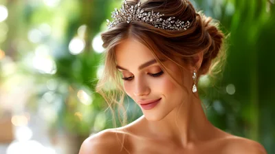 Beautiful Bride Wearing A Sparkling Tiara And Earrings