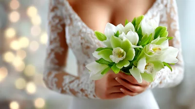 Bride Holding A Bouquet Of Green And White Orchids