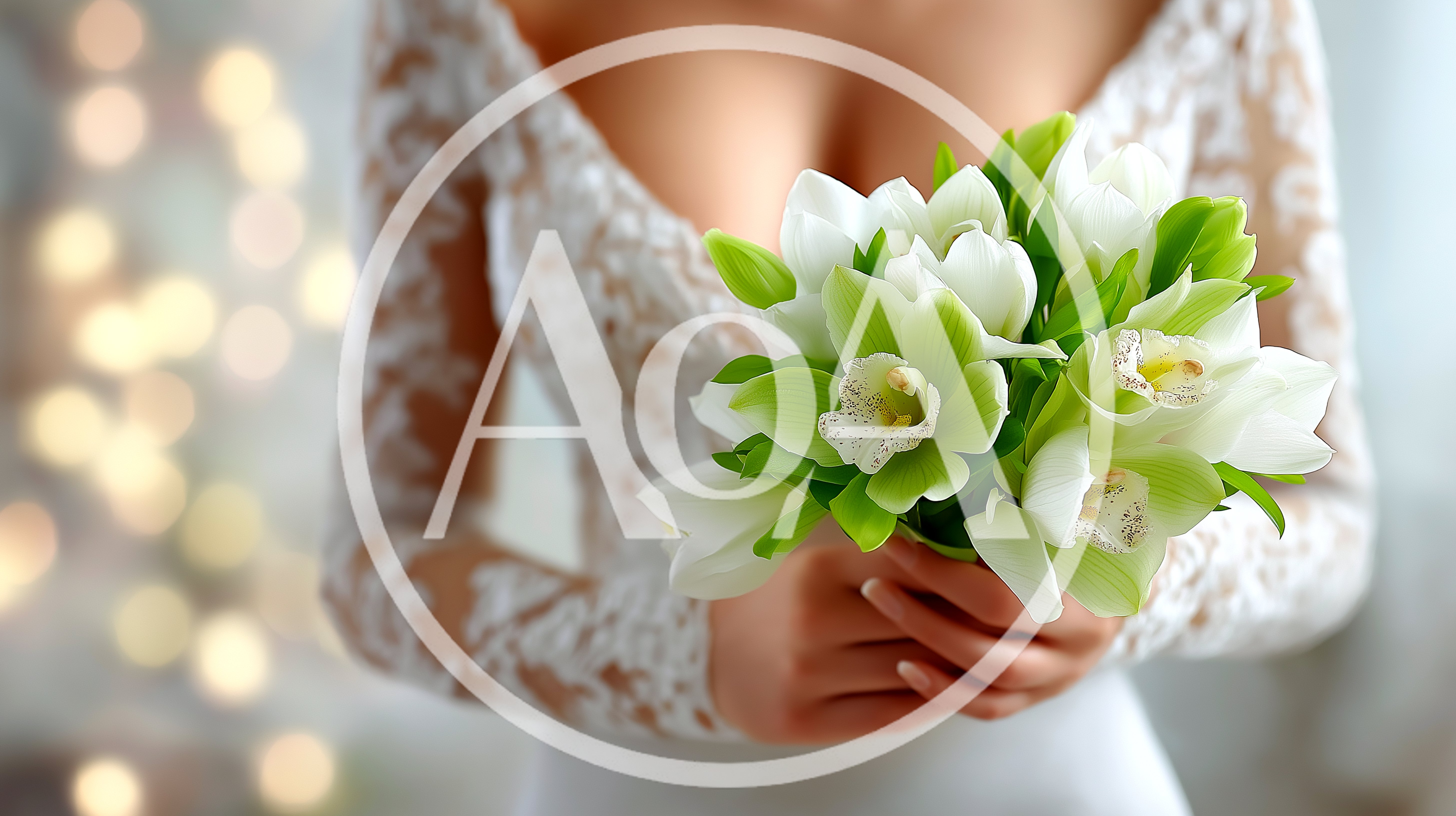 Bride Holding A Bouquet Of Green And White Orchids