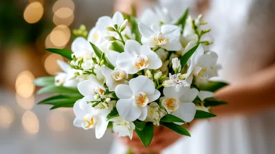 Bride Holding A White Orchid Wedding Bouquet