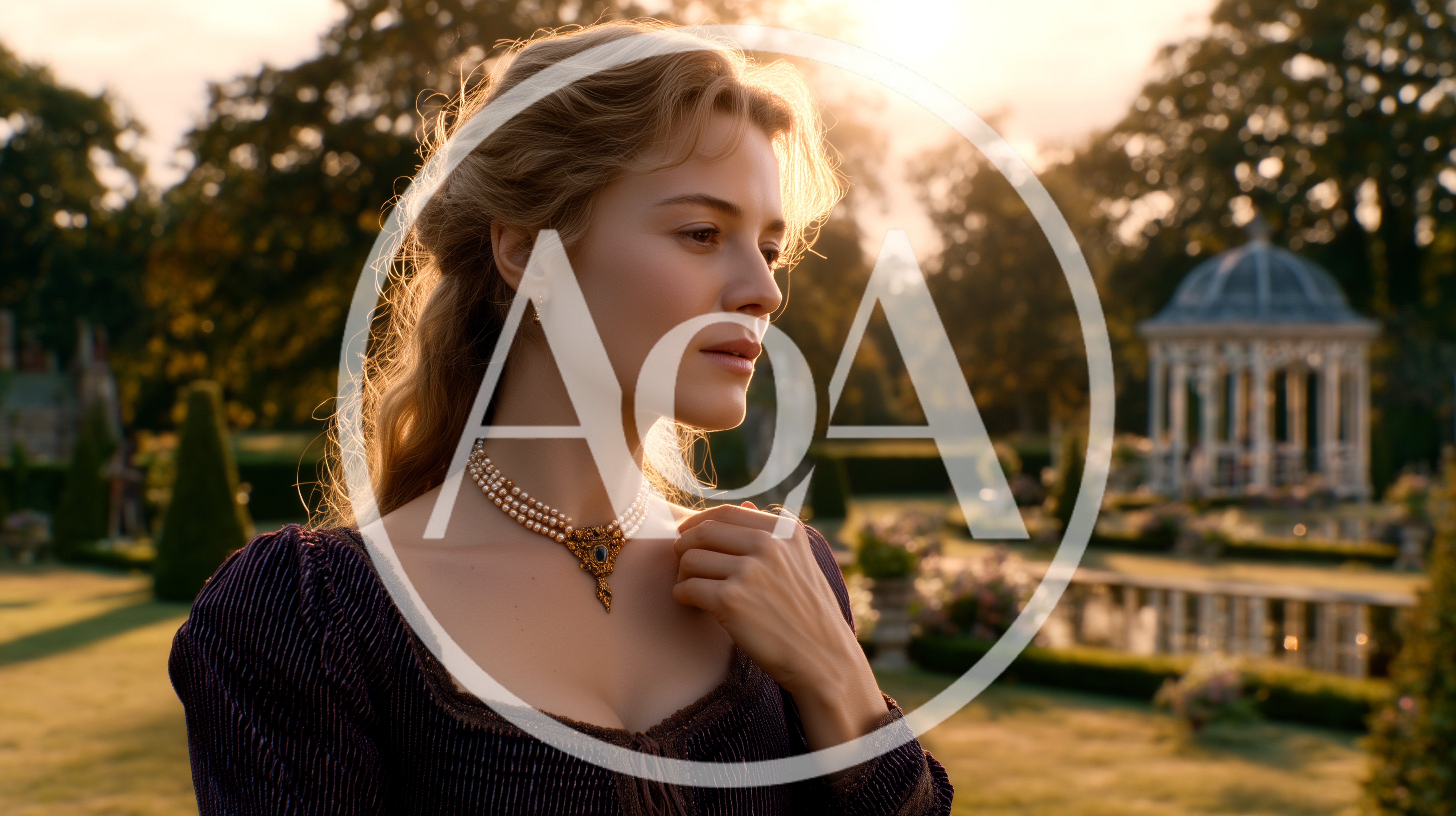 Elegant Woman Wearing Pearl Necklace in English Garden