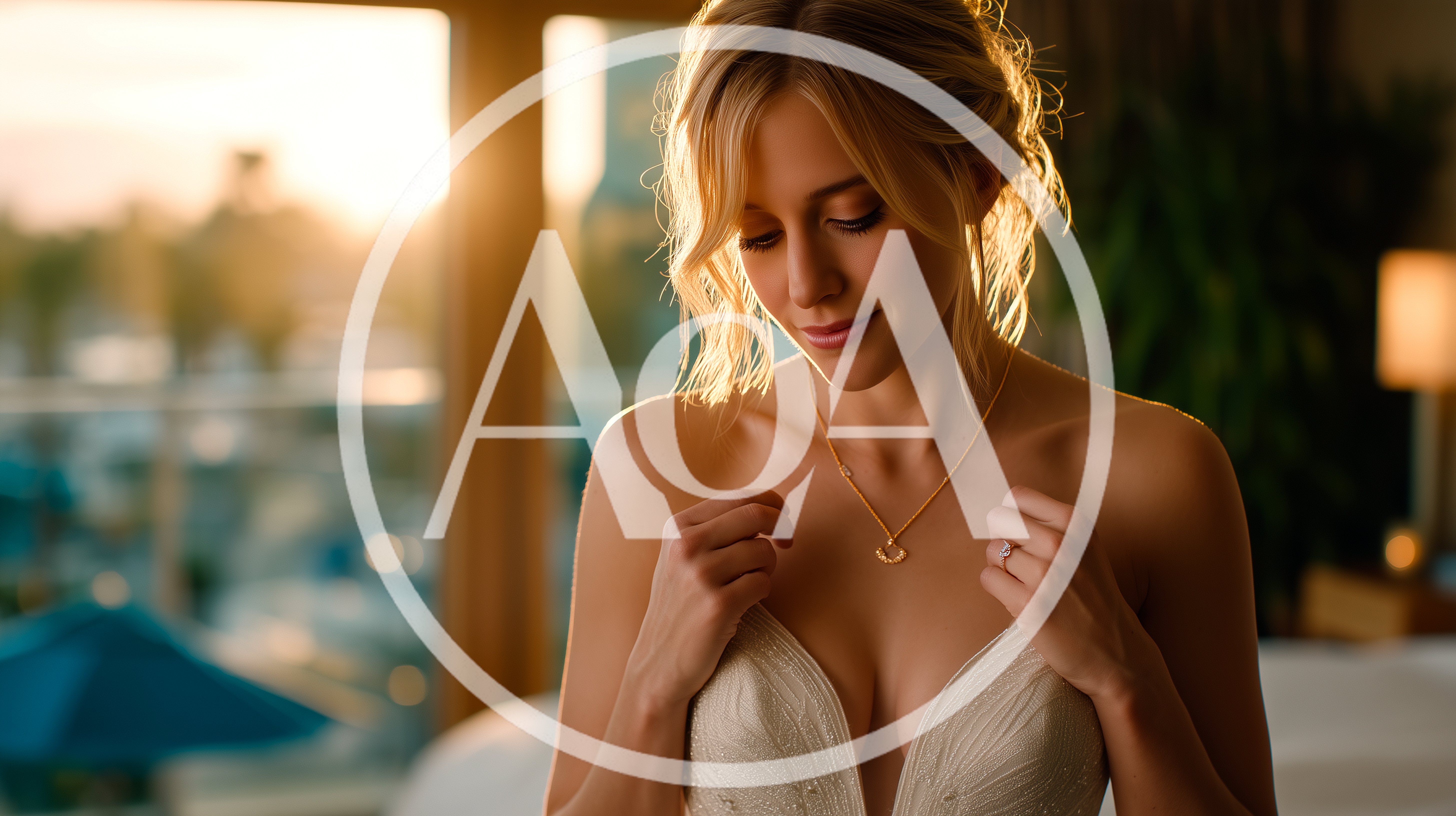 Beautiful Bride Adjusting Her Gold Necklace In Hotel Room