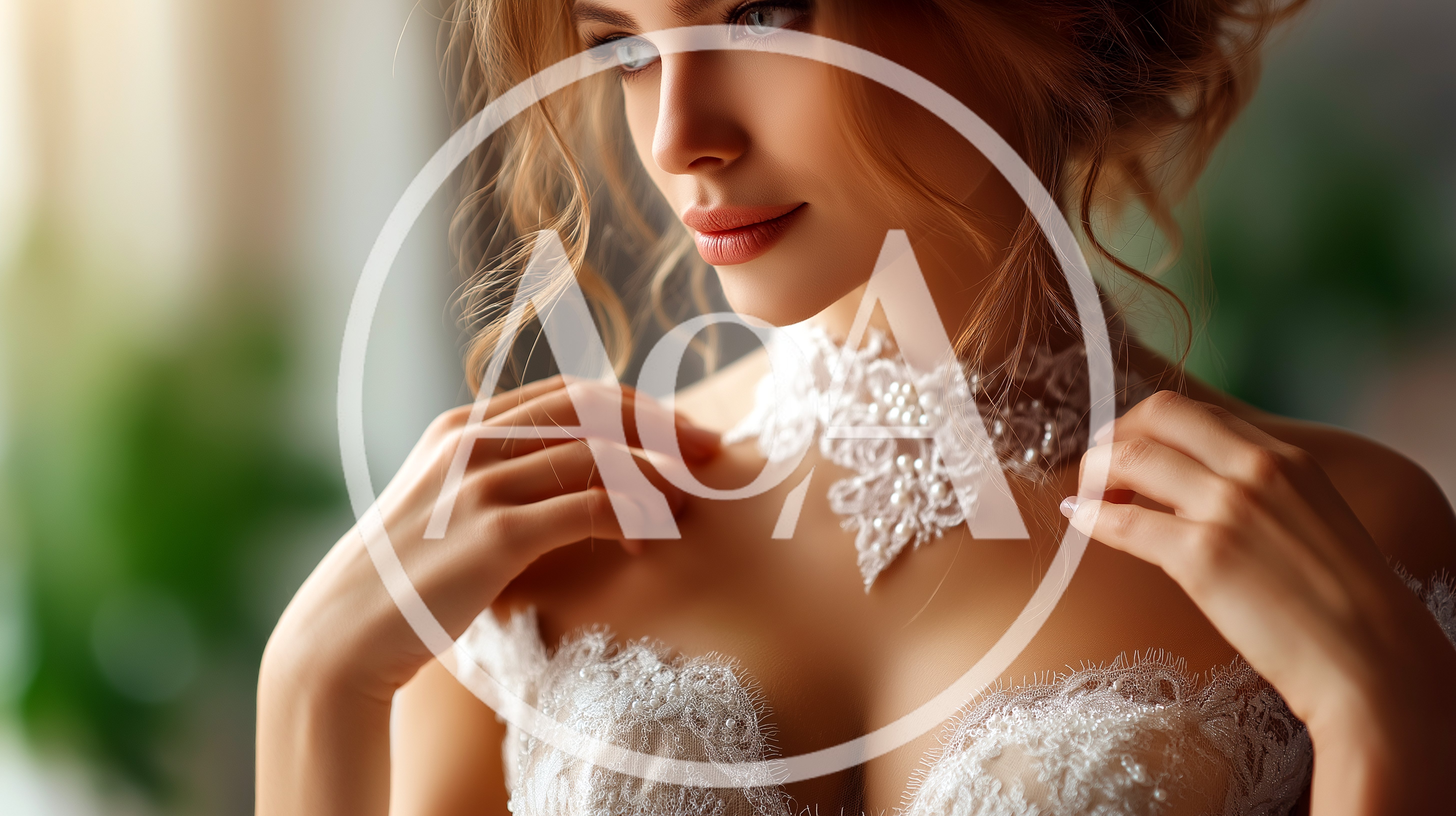 Beautiful Bride Adjusting Her Intricate Lace Wedding Dress
