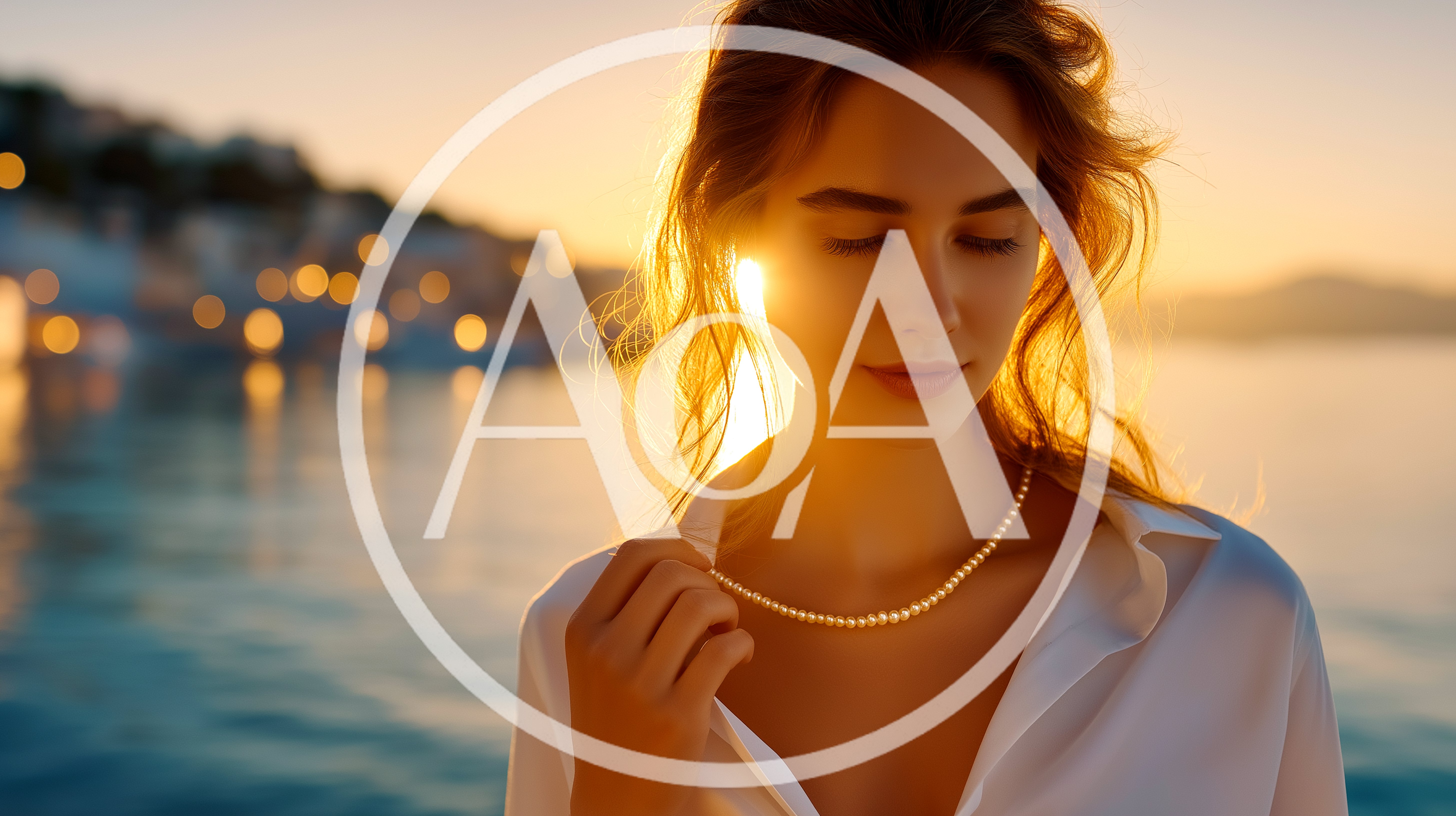 Young Woman Wearing Pearl Necklace At Sunset